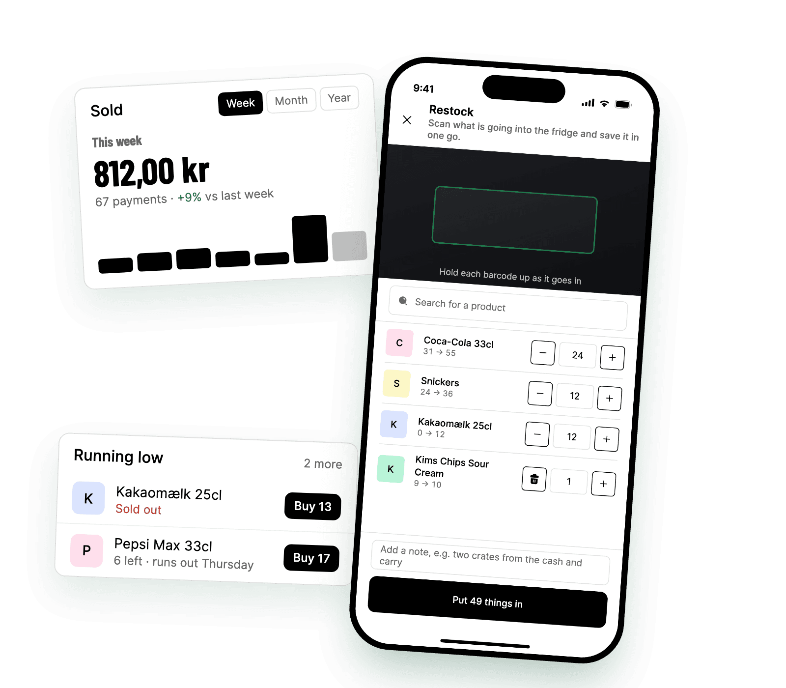 Bippa's club app: the week's sales, the drinks running low, and a volunteer restocking the fridge by scanning barcodes.