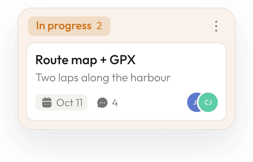 A Joyn board column, In progress, with a card for the route map and GPX file due 11 October.