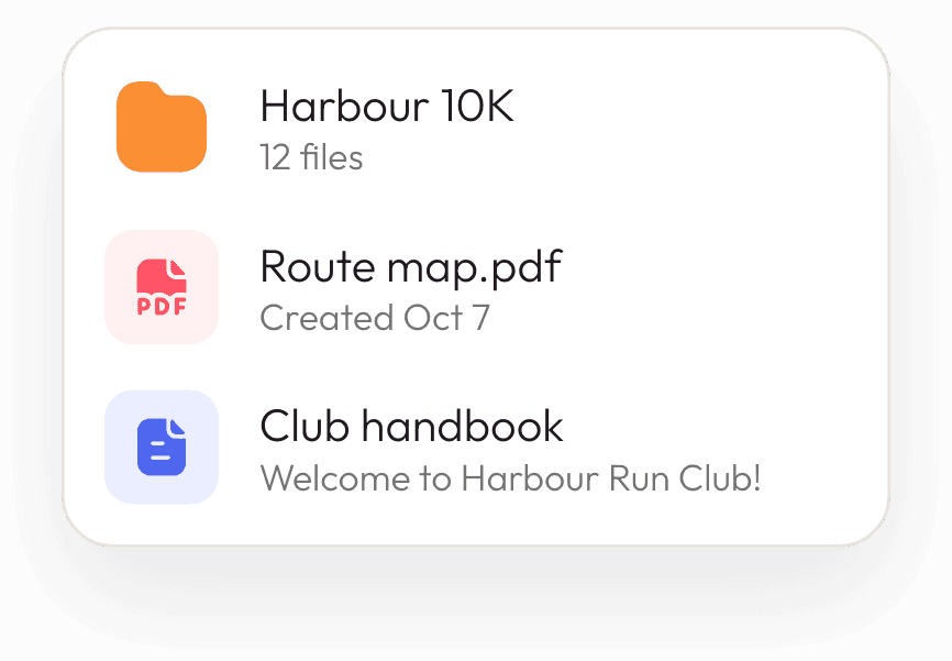 Joyn files: a Harbour 10K folder, a route map PDF and the club handbook page.