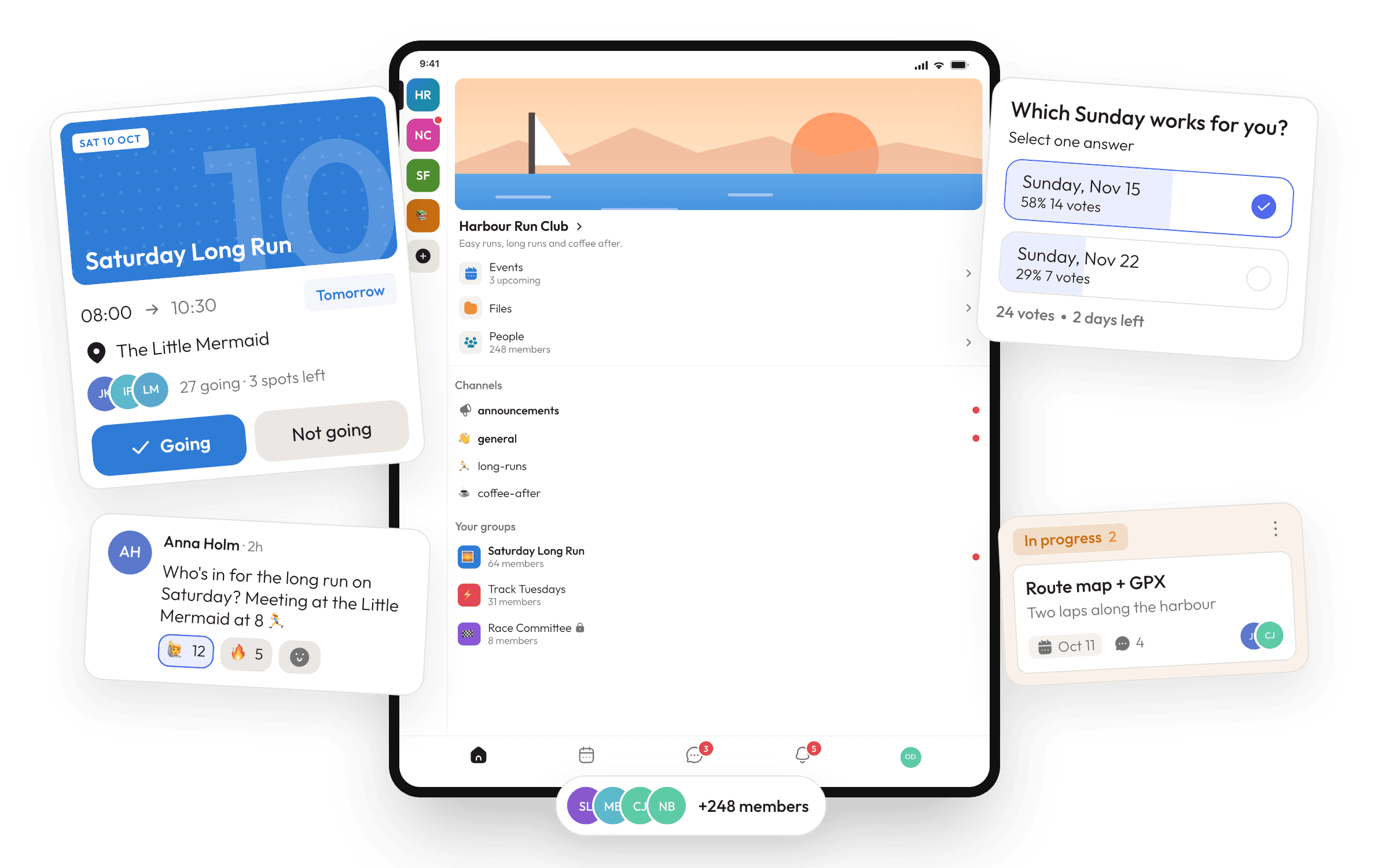 Joyn on an iPad: Harbour Run Club's home with its events, files, people, channels and groups, surrounded by the Saturday Long Run event, a chat message about it, a poll, a board card and the member count.