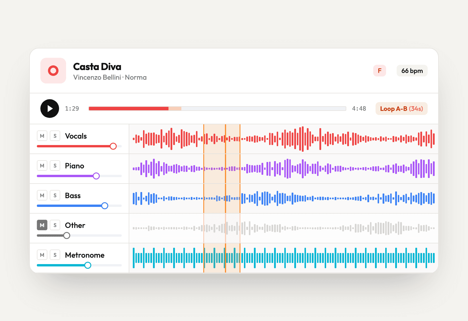 Casta Diva split into vocals, piano, bass, other and metronome tracks in the Music Planner player, with the other track muted and a 34 second loop.